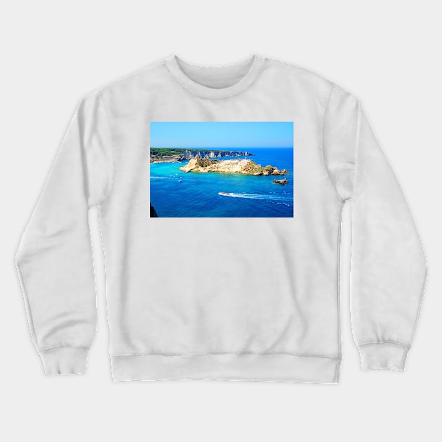 Panorama from Tremiti Islands with a motorboat cruising the Adriatic Sea, island and ridge Crewneck Sweatshirt by KristinaDrozd